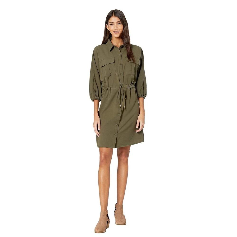 Bishop + Young Safari Olive Green Puff Sleeve Button Up Midi Dress - Small NWT - Picture 2 of 12